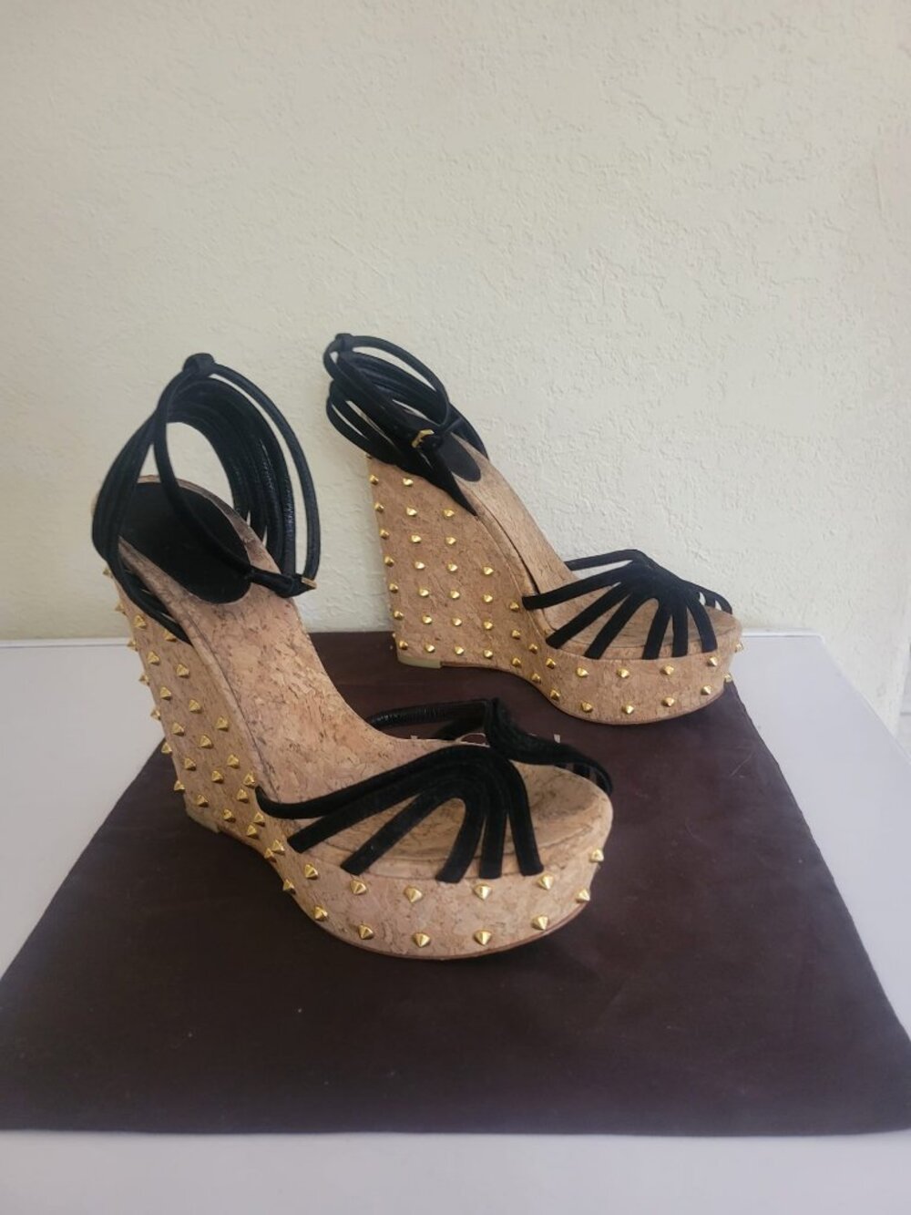 Gucci Black Studded Suede Cork Wedges US 8